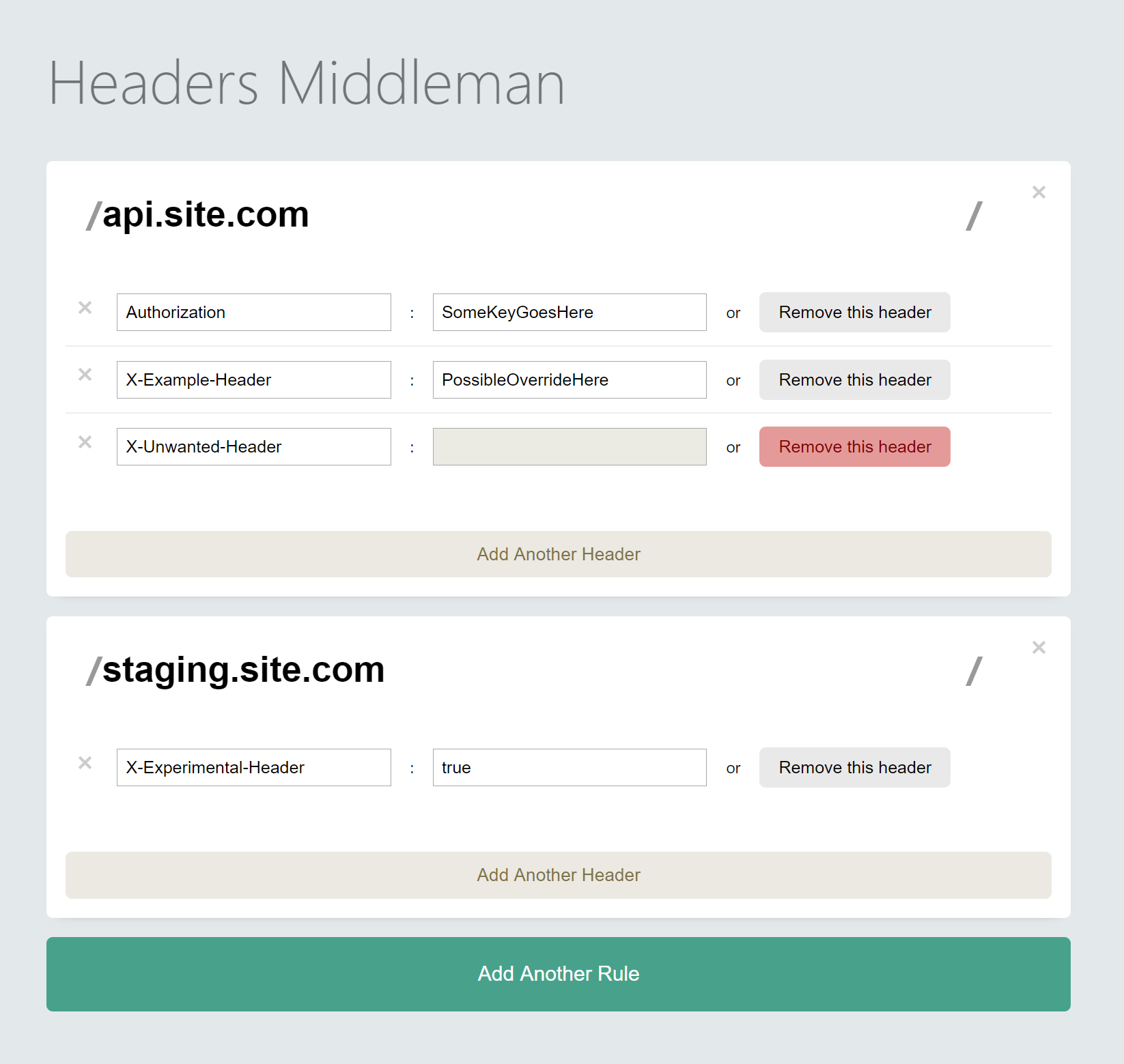 Headers Middleman options page