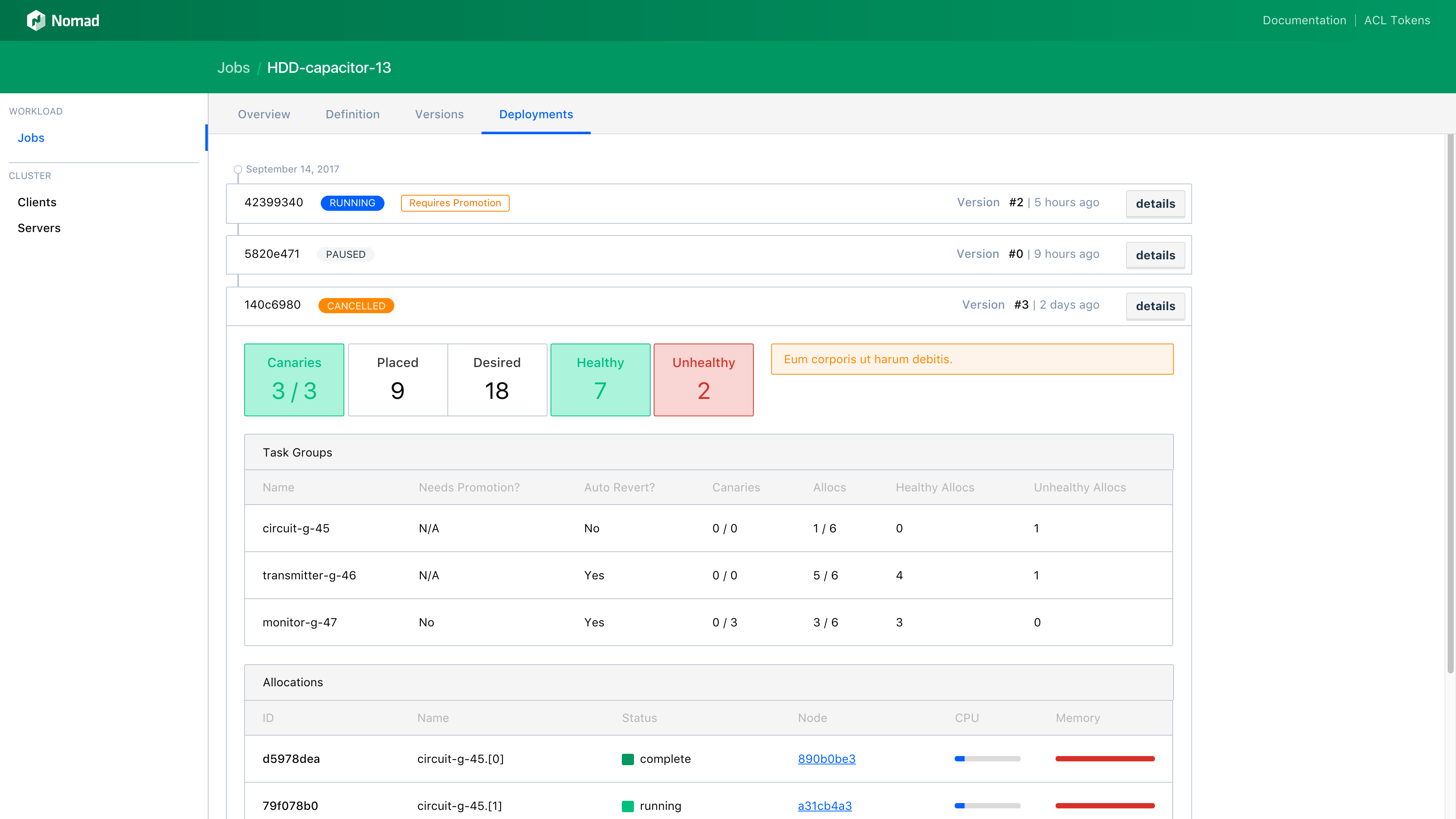 Nomad UI job deployments