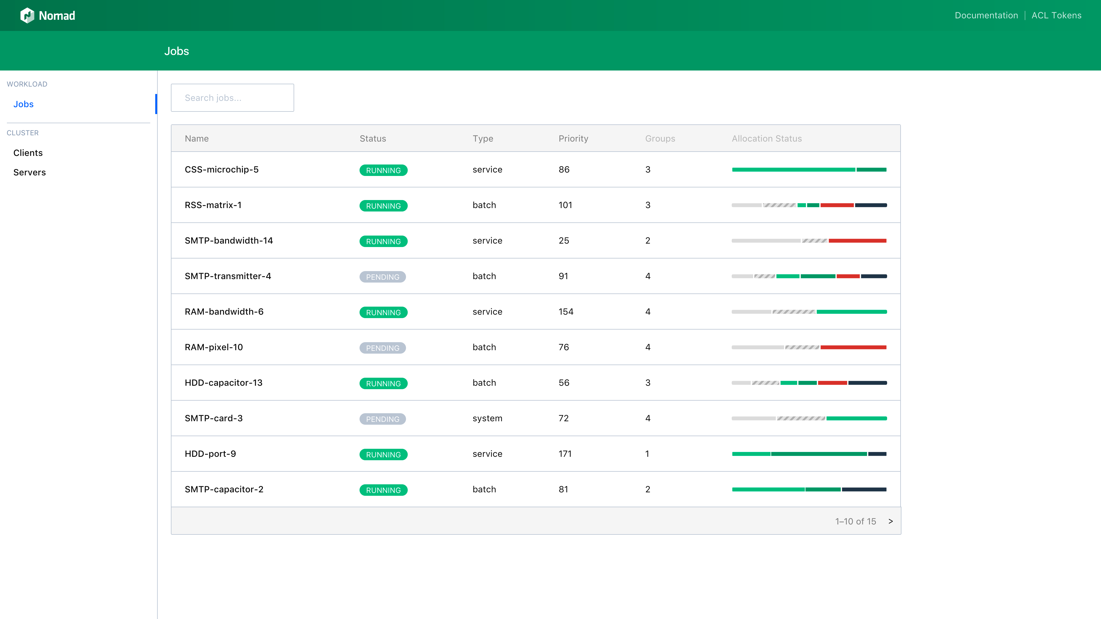 Nomad UI jobs list